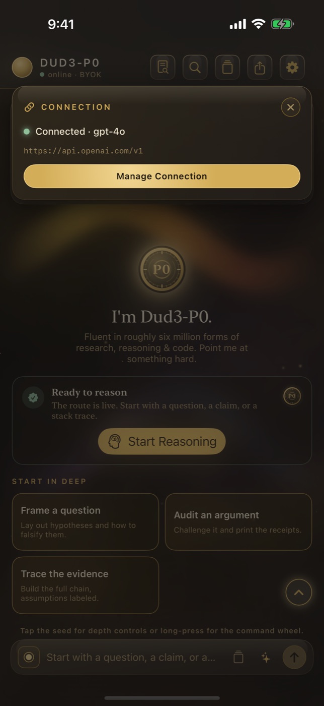 Settings / Connection — BYOK key entry